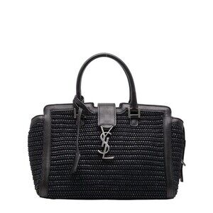 Saint Laurent YSL Logo Cabas Handbag Black Raffia Leather